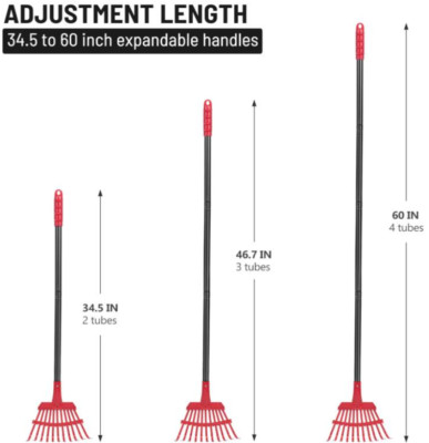 Garden Leaf Rake with 60 Inch Adjustable Long Steel Handle, 25 Metal Tines