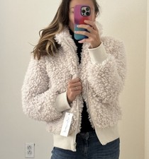 Nwt Kendall + Kylie Ivory Cream Cropped Bomber Sherpa Jacket Sz Medium