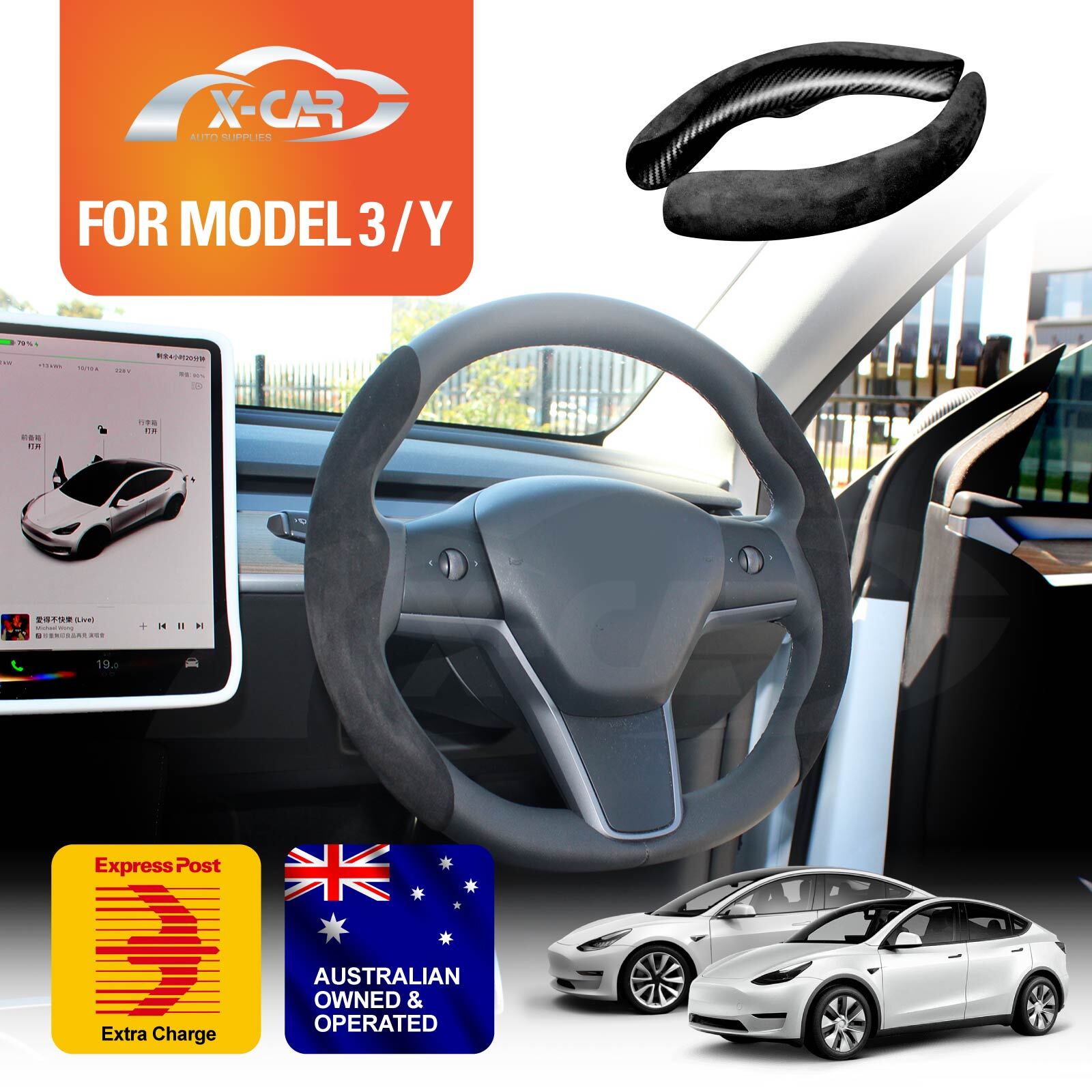 Custom-Fit Steering Wheel Cover Alcantara Plush Black For Tesla Model 3 Model Y