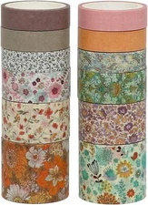 Vintage Floral Washi Set 12 Rolls of Decorative Tape for Scrapbooking & Wrapping