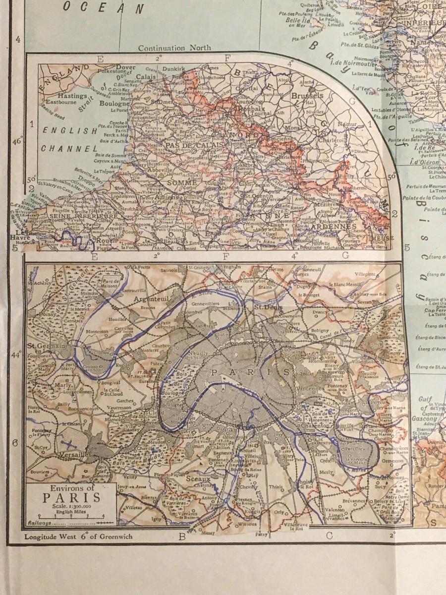 Antique 1910 Folding Color Map Of France w/ Paris Street Map