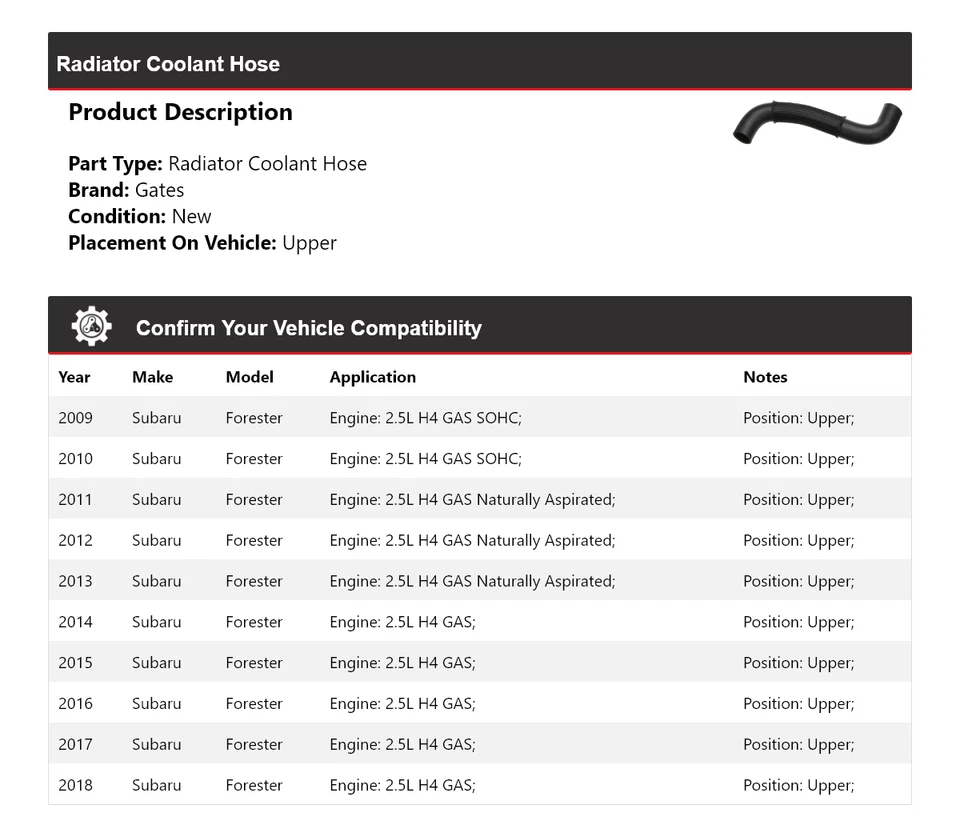 Manguera de refrigerante de radiador puertas superiores para Subaru Forester 2009-2018 2010 2011 2012 Foto 2 de 4