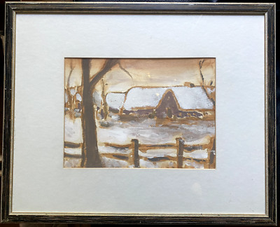 ::WINTER LANDSCAPE EXPRESSIONIST HOUSE BY FOREST TREES FRAME PADDOCK FENCE ANTIQUE