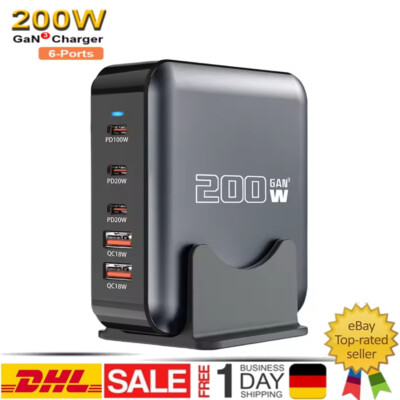 USB C Ladegerä 200W PD GaN Schnell Ladestation 5in1 Desktop Netzteil Kabel DHL