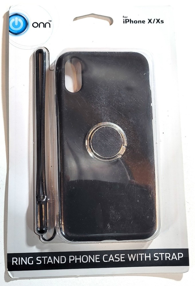 Black Phone Case for iPhone X/Xs with Ring Stand, Strap, and Protector by Onn – New Design