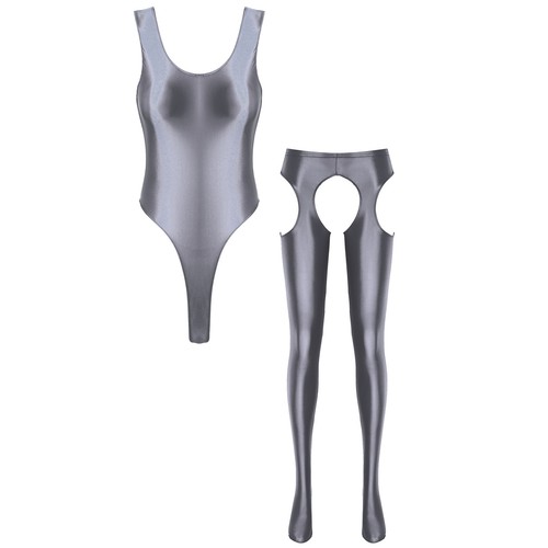 UK Women 2 Piece Outfits Glossy High Waist Pantyhose with High Cut Bodysuit Set - Picture 34 of 104