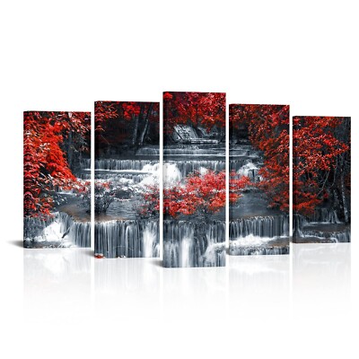 Visual Art Decor 5 Pieces Large Black and Red Canvas Wall Art Waterfall Natur...