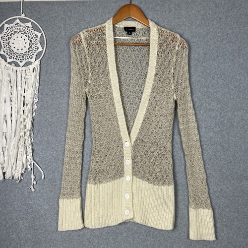 Witchery Cardigan Womens M Linen Mohair Blend Open Knit Metallic Beige Cream - Picture 6 of 15
