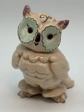 Vintage Kay Finch Ceramic Owl Figurine Pink Teal 3.75"
