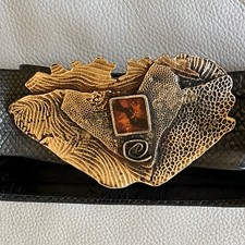 Vtg NINA GELARDI Bronze Green Snake Print Leather Belt Large Bronze Buckle L