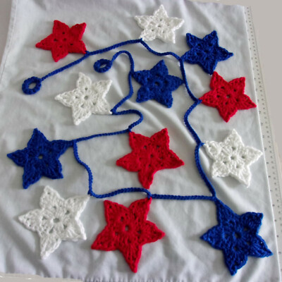 Red White & Blue Patriotic Stars Banner - 68'' Crochet Swag     Handmade in USA