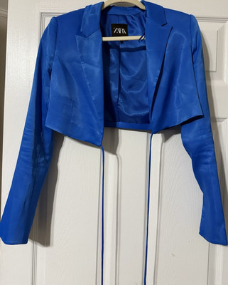 Zara Blue Solid Cropped Open Front Jacket M Long Sleeve Lined Lightweight