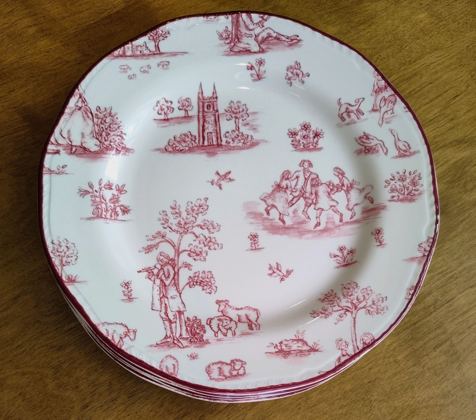 4 Wood & Sons Toille De Joile Scene Pink 7 3/4” Salad Plates England Red EUC Set