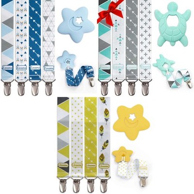 4er Set Schnullerkette mit Metallclip inkl. Beißspielzeug Schnuller Halter Band