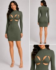 Queen Maria Ribbed Cut Out Bodycon Mini Dress Mock Neck Y2K Clubwear Small