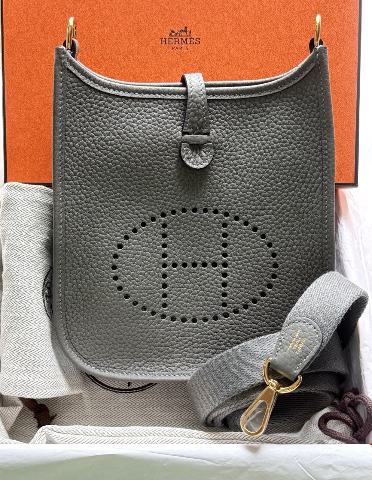 🍊Hermes Gris Meyer Clemence Mini Evelyne Tpm - Ghw