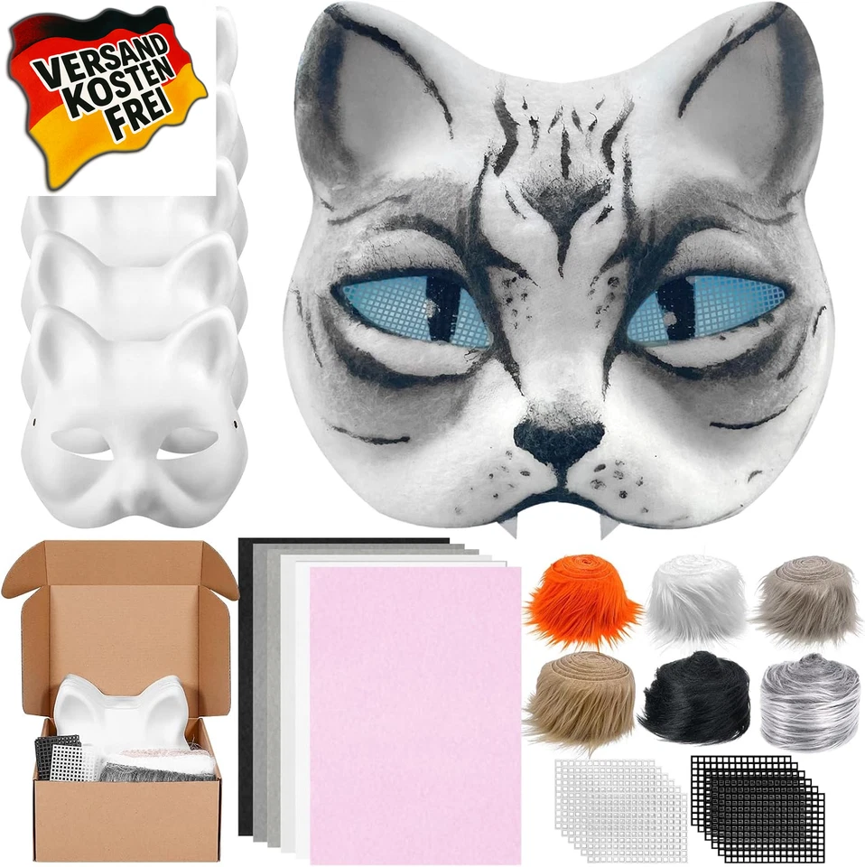 Draupnir Katzenmaske zum Bemalen DIY Papiermaske mit Kunstfell Eye Mesh Hallowee