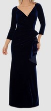 Xscape Women's Blue V-Neck Ruffled Long-Sleeve Velvet Gown Dress Petite Sz: 8P