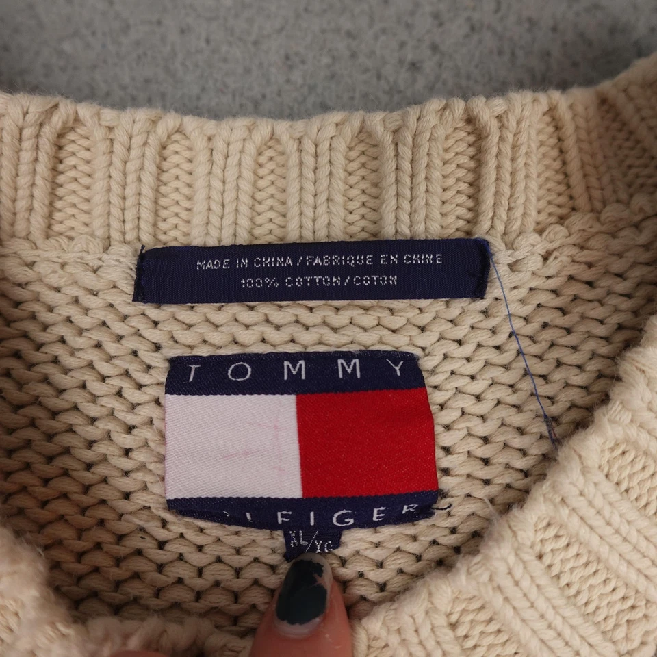 Tommy Hilfiger Sweater Mens XL Cream Fair Isle Snowflake Cable Knit Crewneck 90s - Image 3 of 4