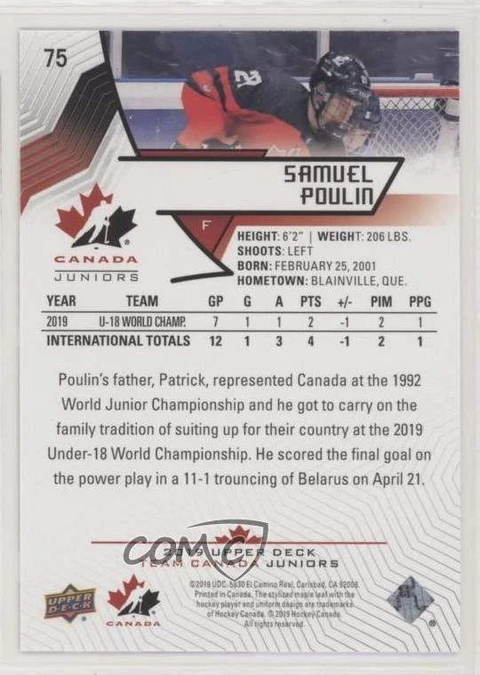2019 Upper Deck Team Canada Juniors Blue Samuel Poulin #75 - Image 2 of 2