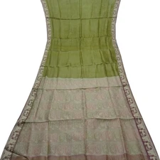 Namaste Vintage Green Sarees 100% Pure Silk Woven Indian Sari 5YD Craft Fabric