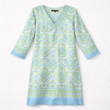 Barbara Erickson Womens XL Tunic Dress Blue Green Ikat Damask V-Neck 3/4 Sleeve