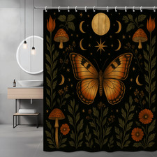 Butterfly Floral Shower Curtain - Black Background, Boho Decor