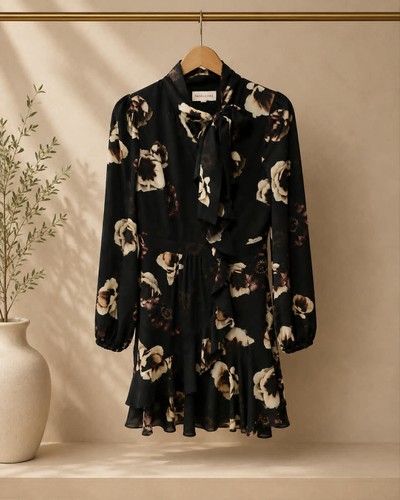Pasduchas Black Floral Neck-Tie Mini Dress – Size 10