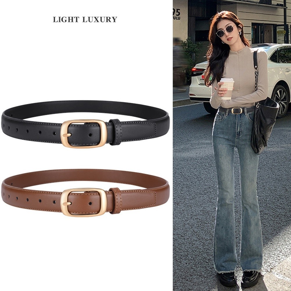Black For pu Leather Belt for Women with Multi Hole Alloy Buckle Design