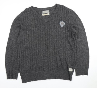 Soulcal & Co Herren Pullover grau V-Ausschnitt Zopfmuster S