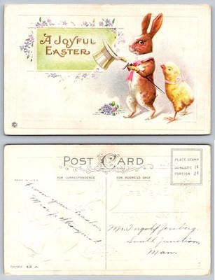 Vintage Embossed Easter Postcard Bunny Chick ''A Joyful Easter'' South Jct Man