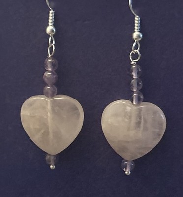 Sterling Silber Overlay Messing Amethyst Rosenquarz Herz 2,25'' Ohrhänger