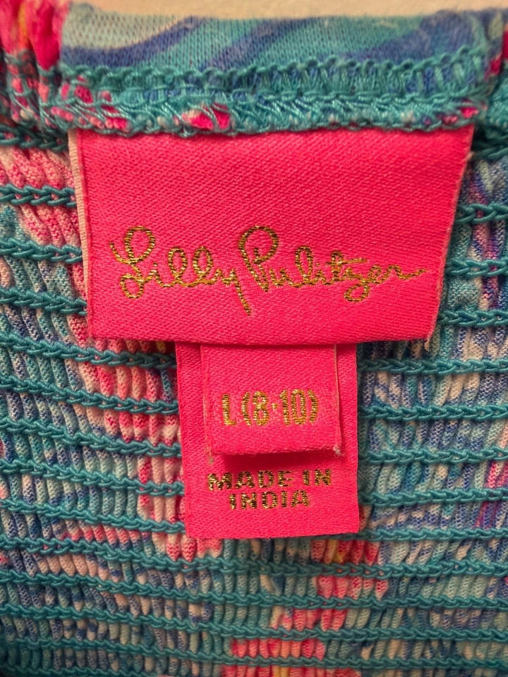 Vestido Lilly Pulitzer Niñas Talla 8-10 Grande Floral Calado 00% Algodón Azul y Rosa Foto 4 de 4