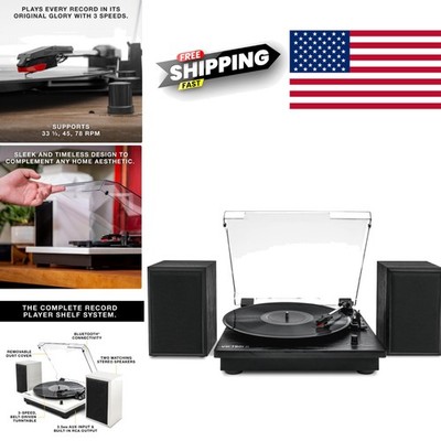 Montauk Vinyl Record Player with Bluetooth Speakers and RCA Output in Black Wood