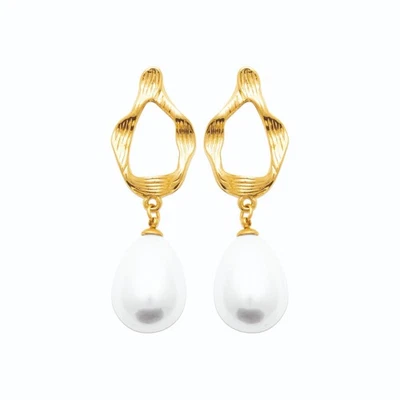 Boucles d'Oreilles en Acier Doré. Cercle irrégulier et perle nacré pendante - Photo 1/3