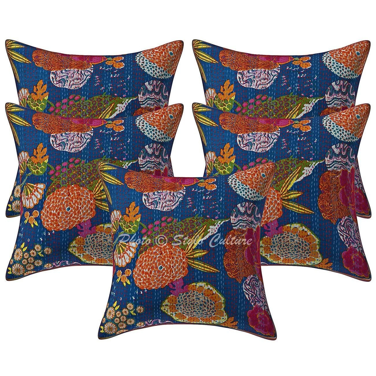 Boho Cotton Throw Pillow Covers Kantha Blue Tropicana Home Decor Cushion Cover