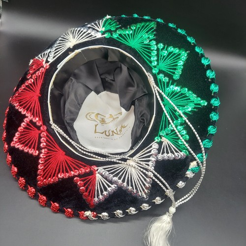 Luna Bambino Velluto Nero Sombrero Bandiera Messico Colori Autentica Etichetta su - Foto 6 di 6