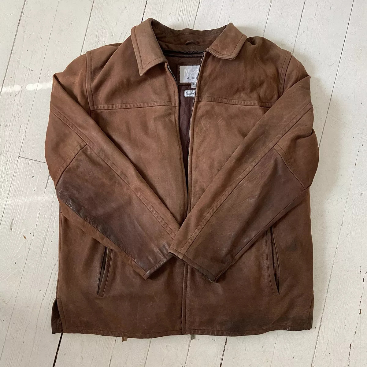 Mens Wilsons Leather M Julian Brown Jacket Size XL Thinsulate Zip Liner Distress