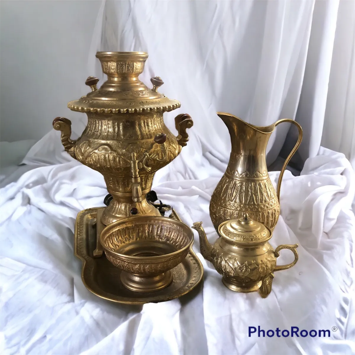 Beautiful Vintage Persian Electric Brass Samovar and Accessories