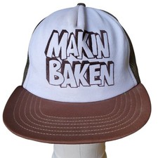 Vintage Trucker Hat MAKIN BAKEN (Bacon) Snapback Brown Mesh Cap - Made in USA