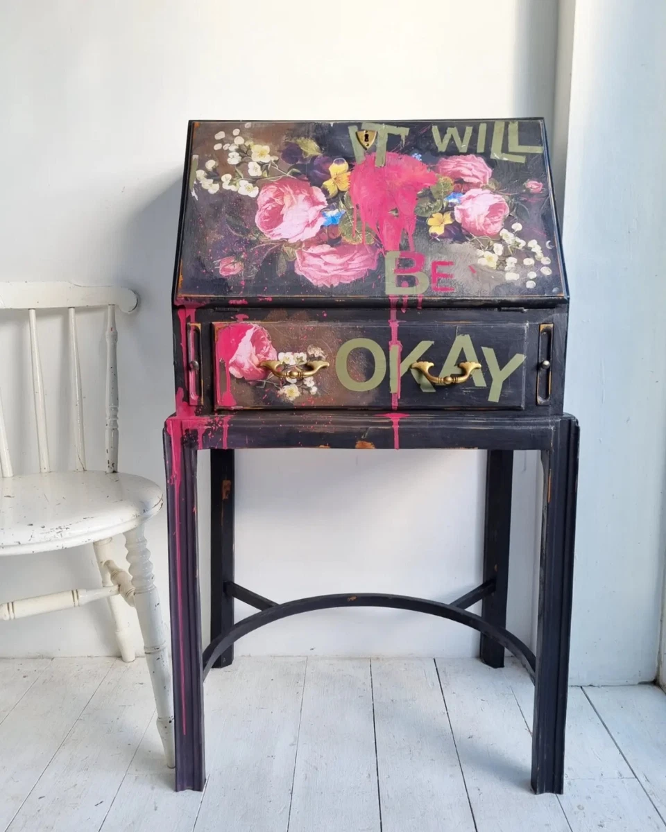 Painted Bureau CABINET sideboard funky SHABBY CHIC vintage desk pink black small
