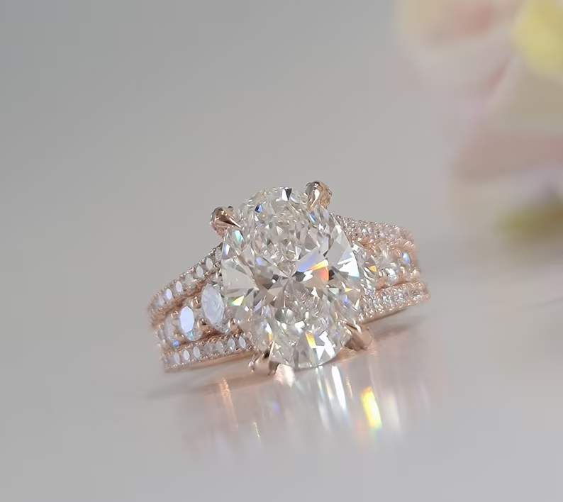 Cluster Bridal Ring For Wedding 14k Rose Gold 4.50TCW Oval Cut Lab  