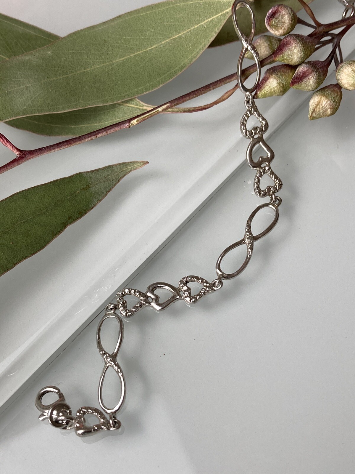 Sterling 925 Solid Silver Heart Infinity Chain Br… - image 1