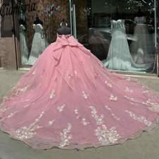Pink Off The Shoulder Ball Gown Quinceanera Dresses Lace Appliques Bows Corset
