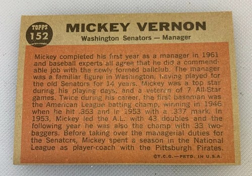 1962 Topps # 152 Mickey Vernon Baseball Card Washington Senators - Picture 2 of 2