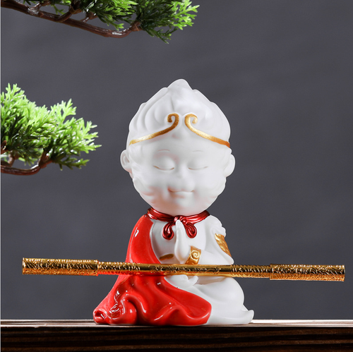5" Chinese White Porcelain Ceramics Gold Sun Wukong King Monkey Buddha Statue - Bild 3 von 3