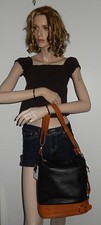 Leather Handbag Valentina Italian  Convertible Bucket Tote/hobo In Black/tan Nwt