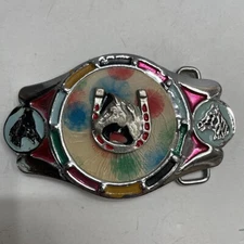 Vintage Western Horse Horseshoe Enamel Belt Buckle Silver Tone Rodeo Cowboy