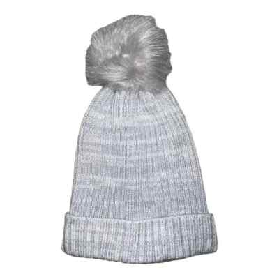 Hat Attack Gray Classic Ribbed Beanie Faux Fur Pom Women's One Size NWOT