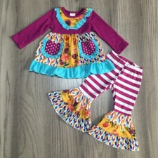 NEW Boutique Floral Ruffle Pocket Tunic Dress & Bell Pants Girls Outfit Set